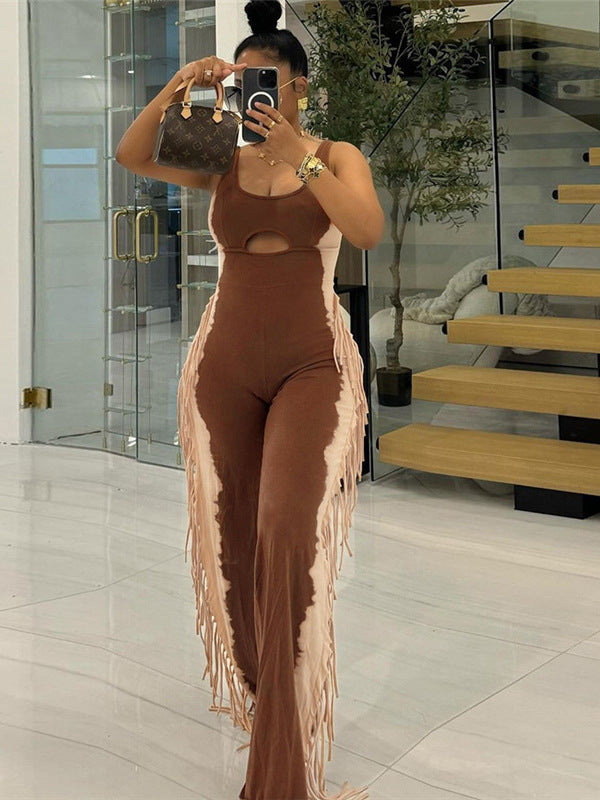 Women's fashion contrast color tassel Casual Jumpsuit