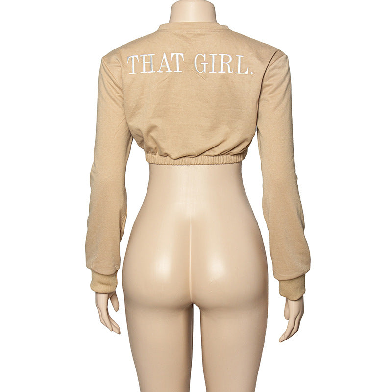 Women Autumn Solid Round Neck Embroidered Letter Long Sleeve Crop Top 11