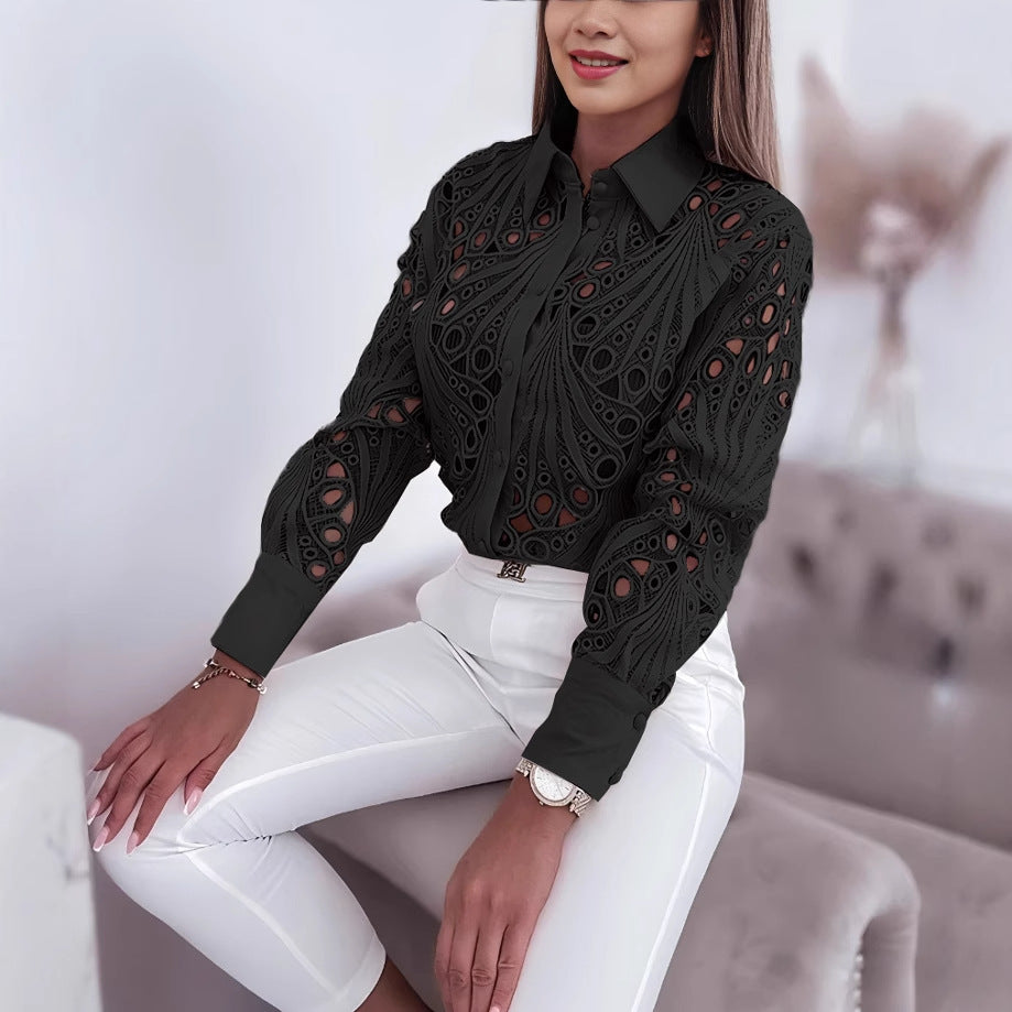 Spring Autumn Career Women Fashion Lace Hollow Long-Sleeved Shirt 5