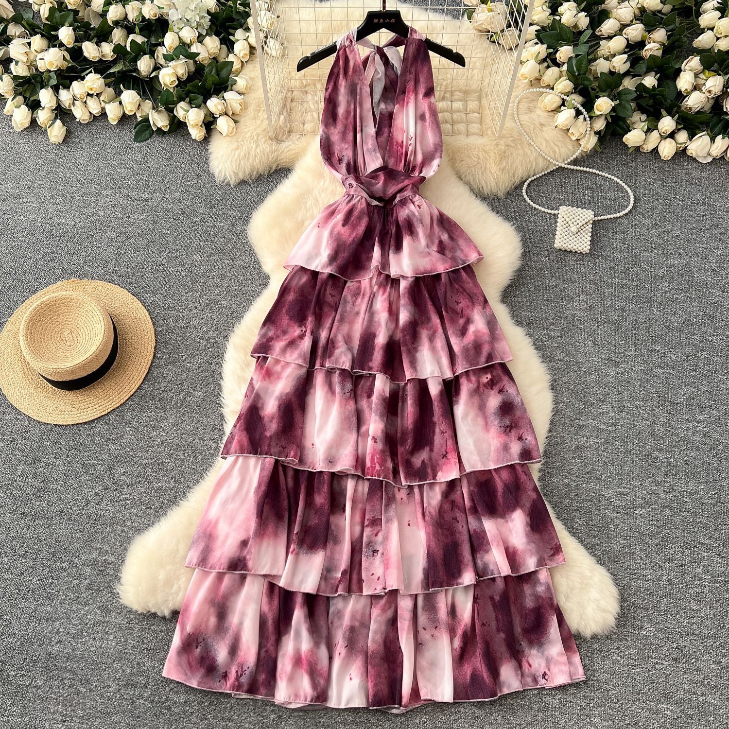 Summer Deep V-Neck Halter Neck Lace-Up Sleeveless Ruffle Women Slim Waist Holidays Long Dress 3