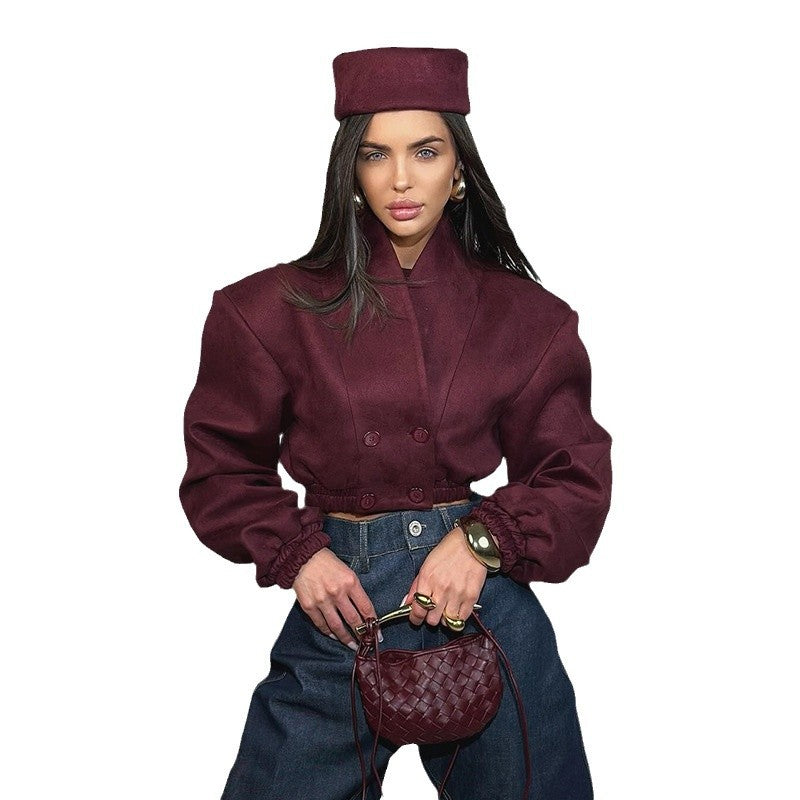 Women Spring Burgunry V-neck Long Sleeve Crop Jacket 5