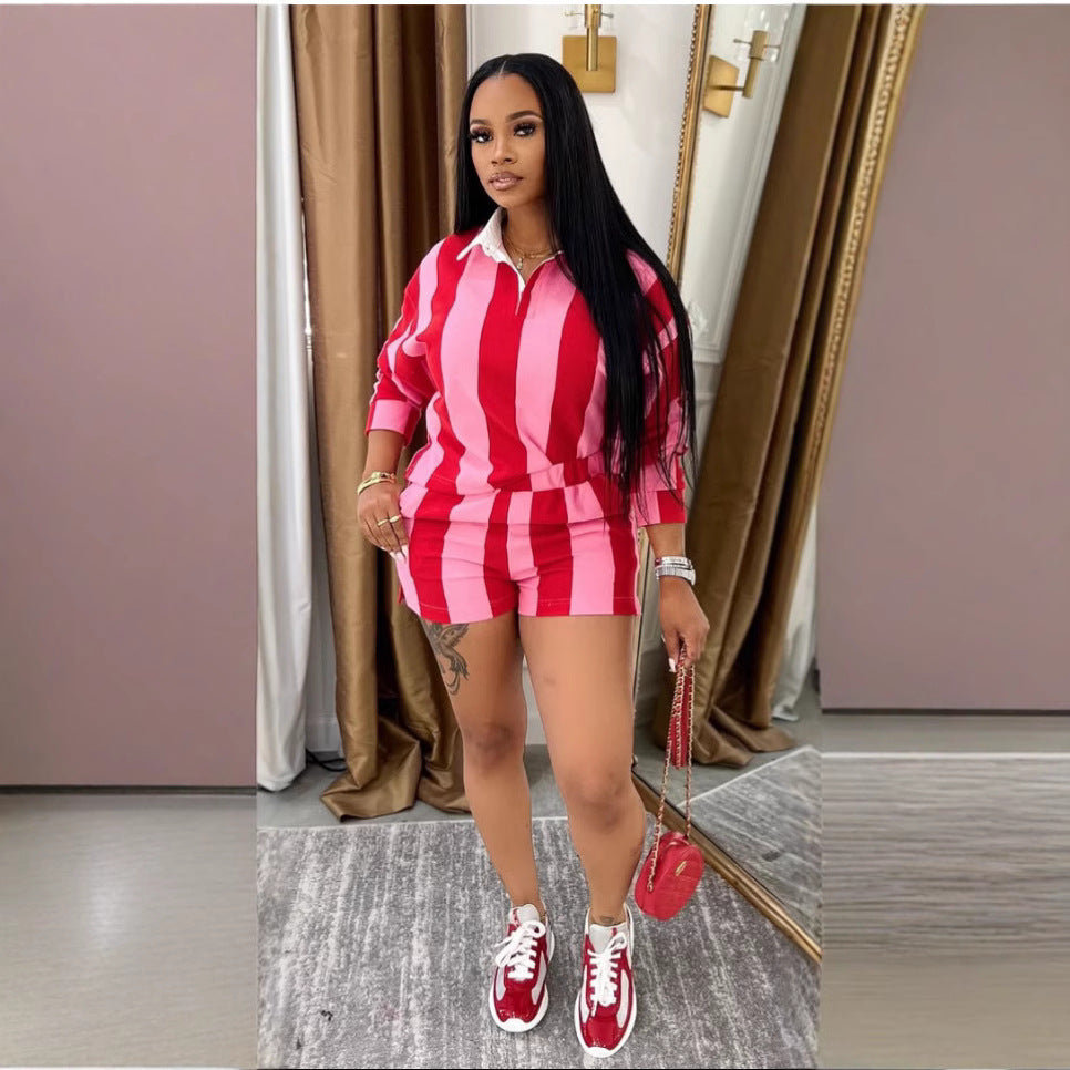 Spring Women Casual Striped Turndown Collar Top Shorts Two-Piece Set 4