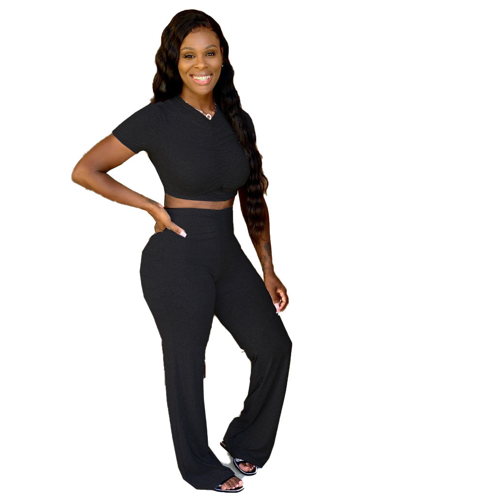 WomenPleat Short Sleeve Crop Top and Bell Bottom Pant Two-Piece Set 7