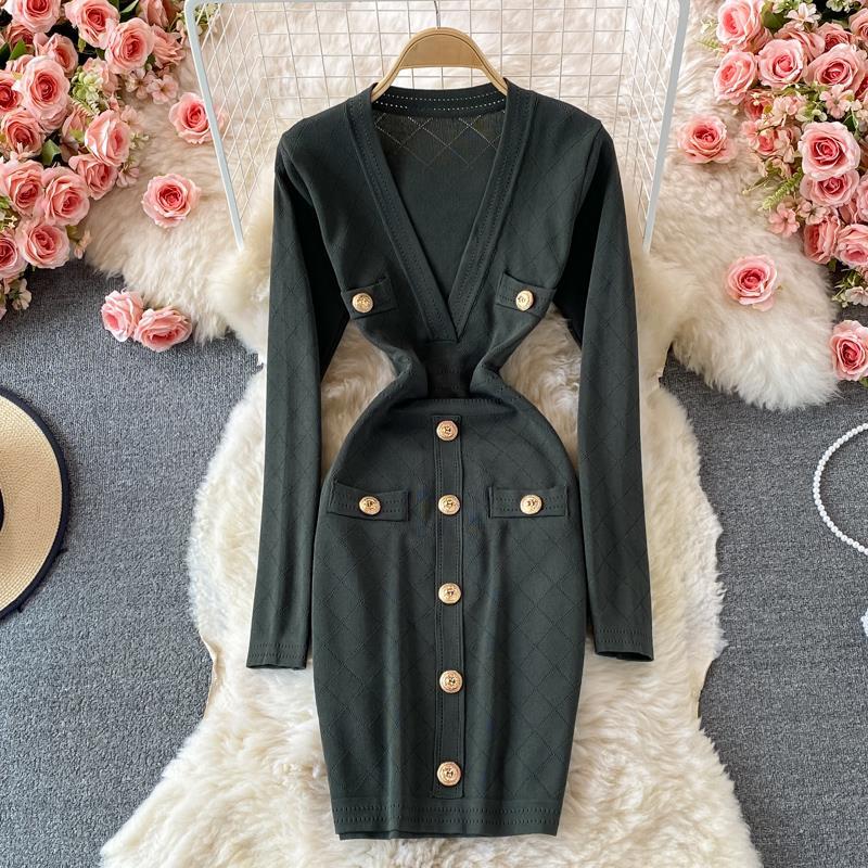 Autumn And Winter Women's V-Neck Long-Sleeved Sweater Dress Slim Fit Bodycon Knitting Dress 15