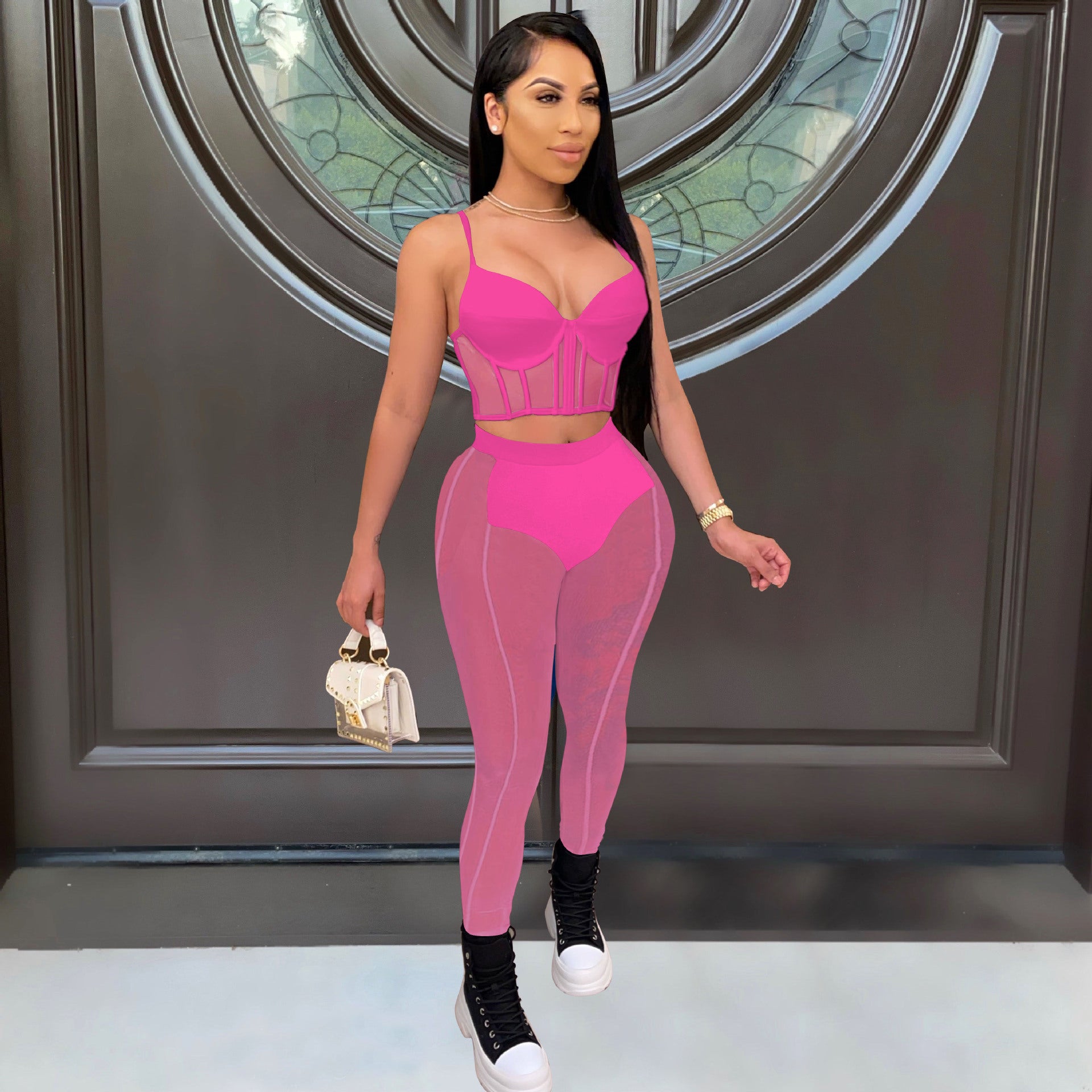 Women Sexy Mesh Patchwork Bra Top and Pants Two-piece Set 5