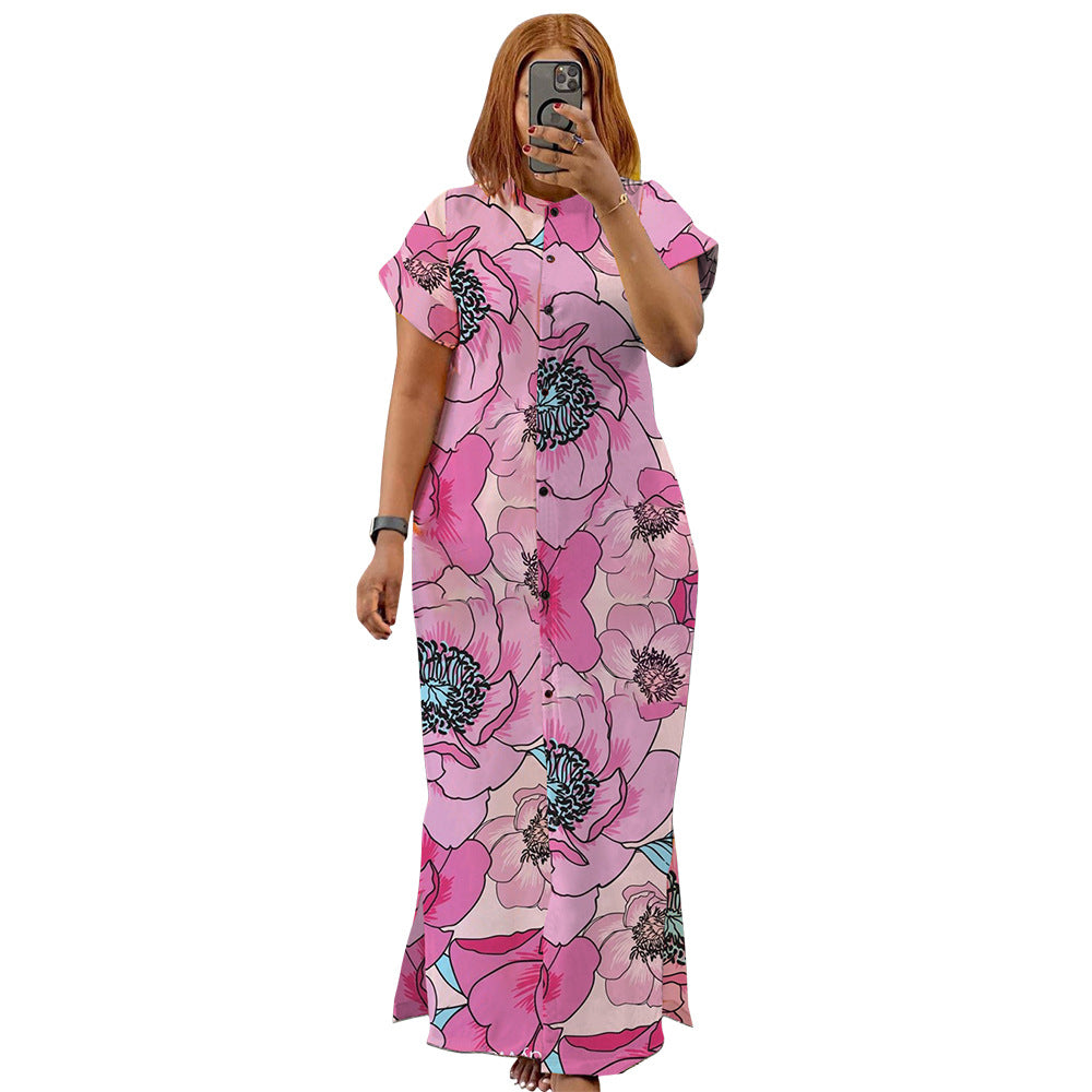 Summer Fashion Printed Short Sleeve Slit Shirt Maxi Dress Plus Size Dress 11