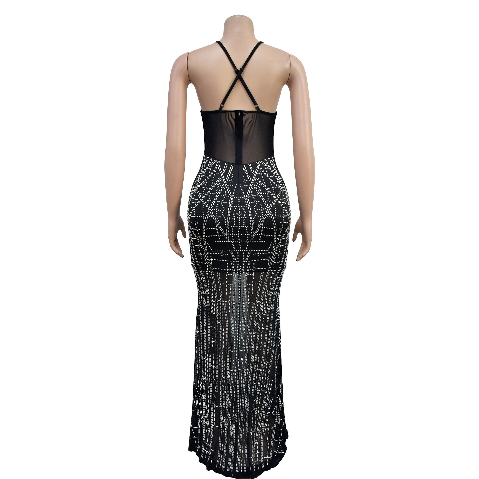 Fashion Women's Solid Color Mesh Beaded Straps Long Dress 15