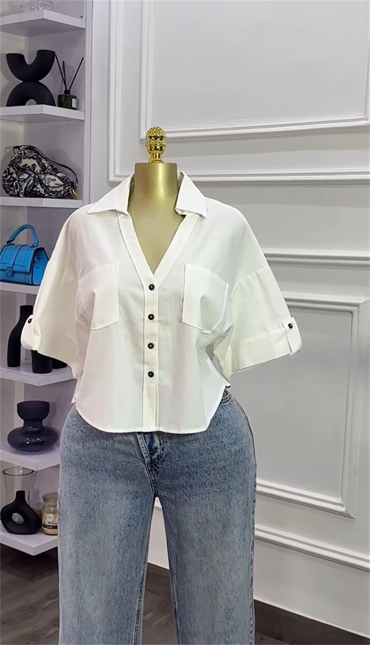 Women's Autumn Turndown Collar Loose Fashion Short Sleeve Shirt Top 4