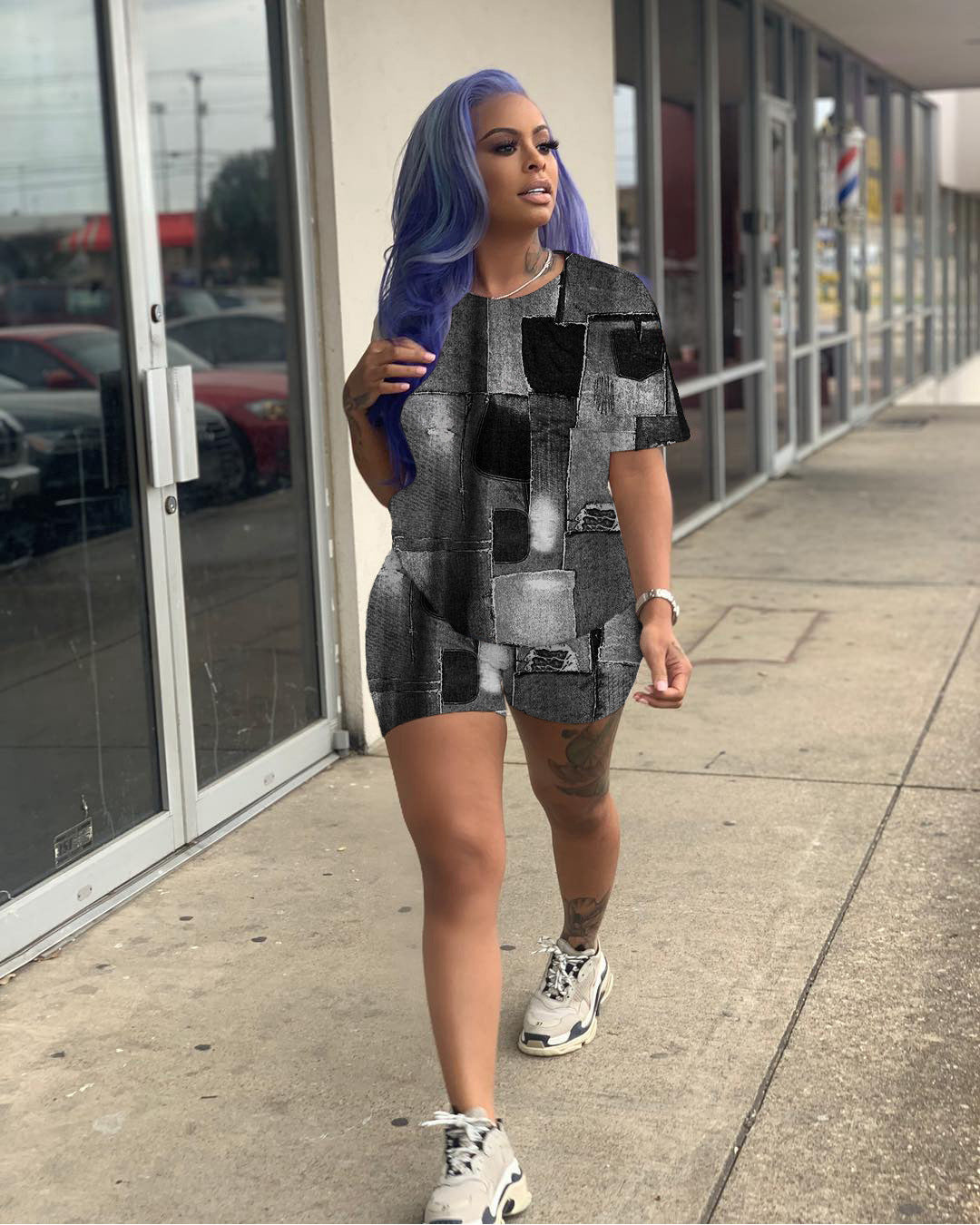 Women Casual Solid printed short-sleeved top and shorts two-piece set 7