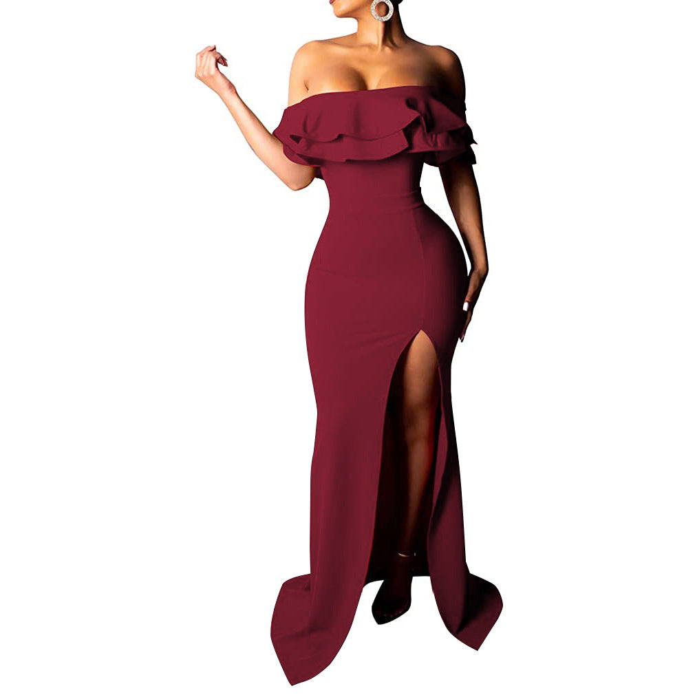 Sexy Fashion Ruffle Off Shoulder Split Dress 17