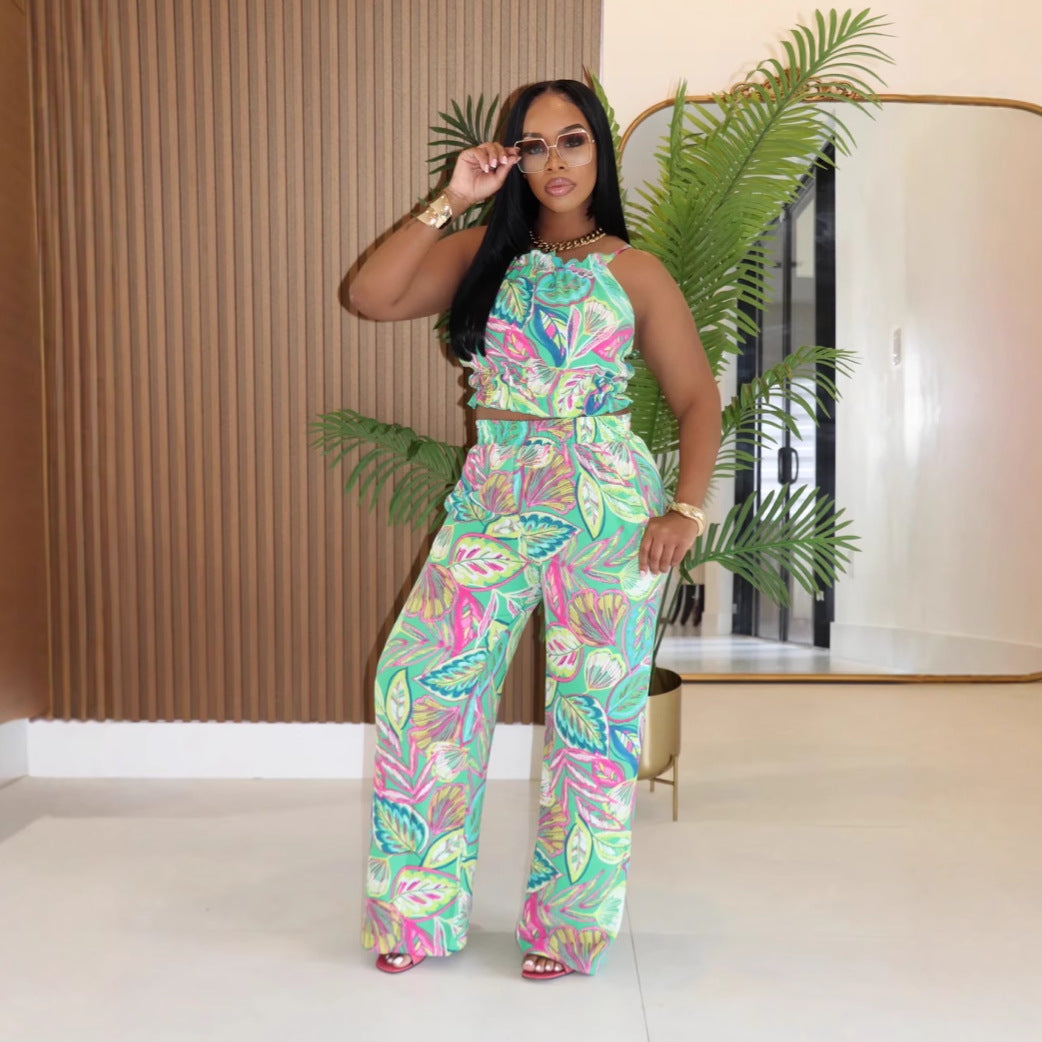 Women's Fashion Print Halter Neck Vest High-Waist Pants Two-Piece Set 4