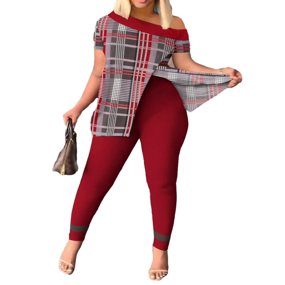 Women's Casual Fashion Graphic Print Slit Short Sleeve Top Pants Two Piece Set 13