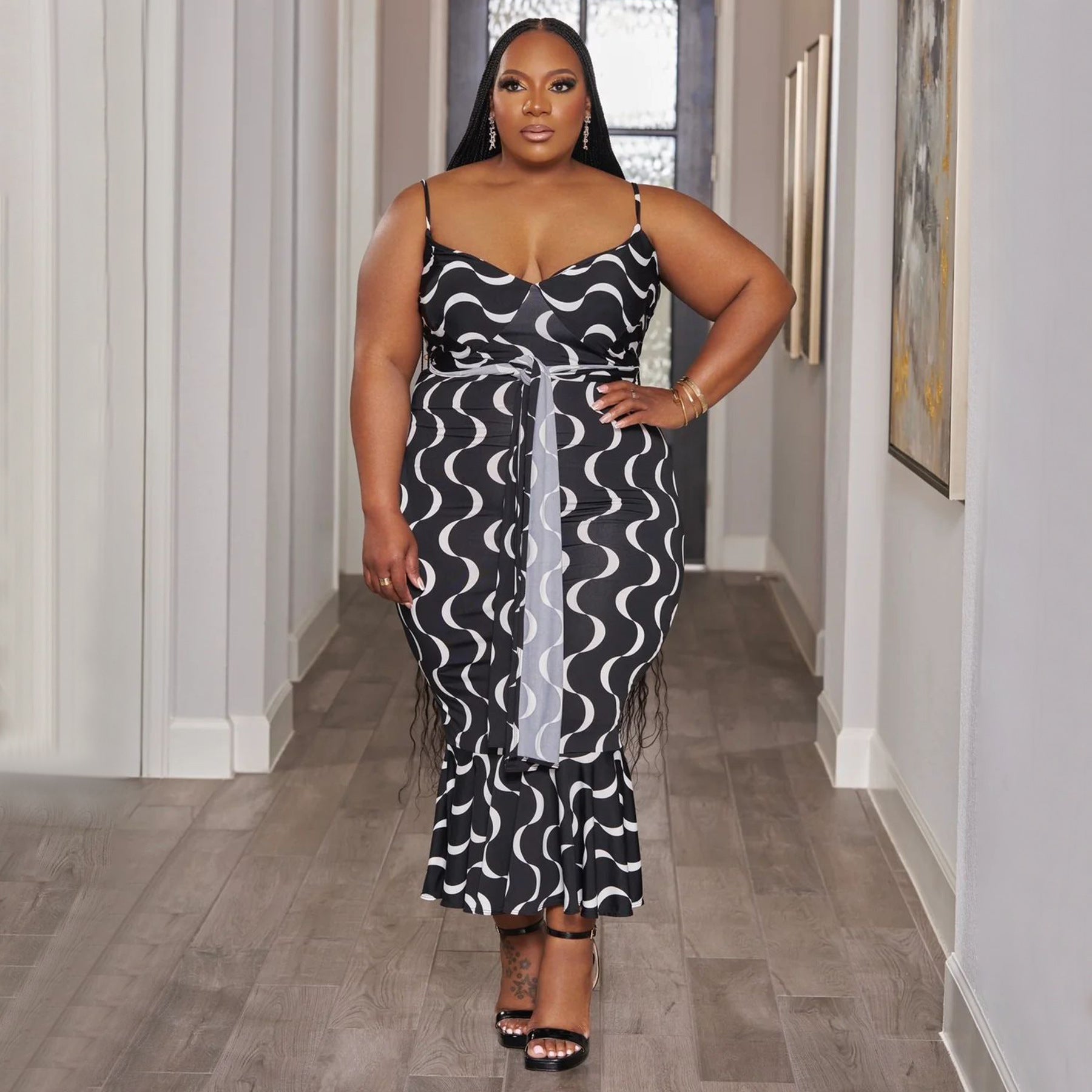 Autumn Plus Size Women's Fashion Strap Slim Print Dress 3