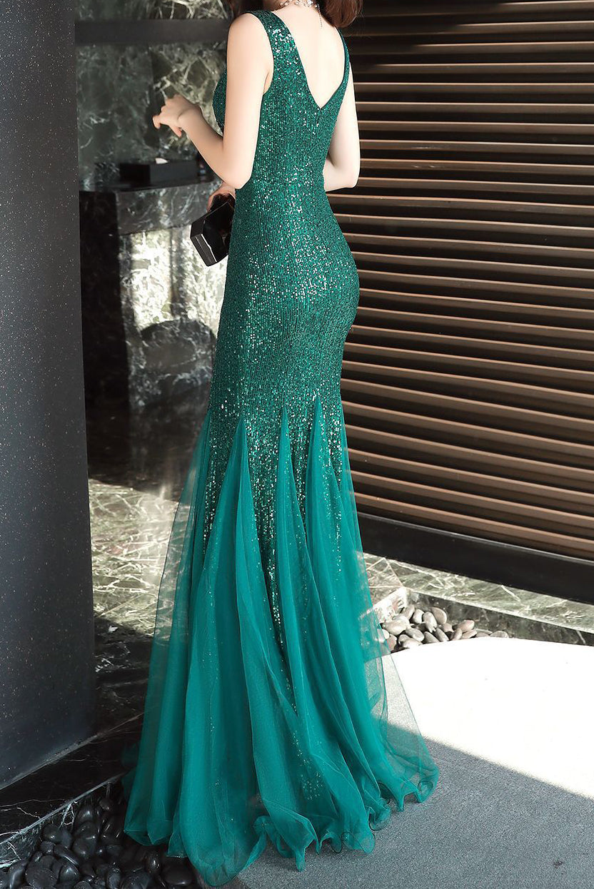 Women Formal Party Elegant Fishtail Sequined Evening Dress 10