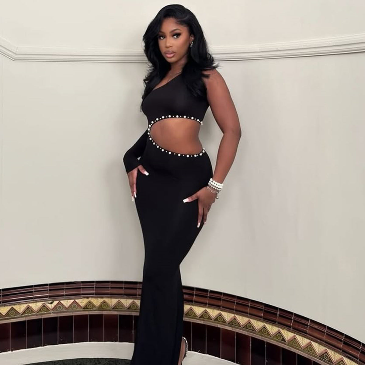 Women's Summer Trendy Hollow Diamond Single-Sleeve Long Dress 3