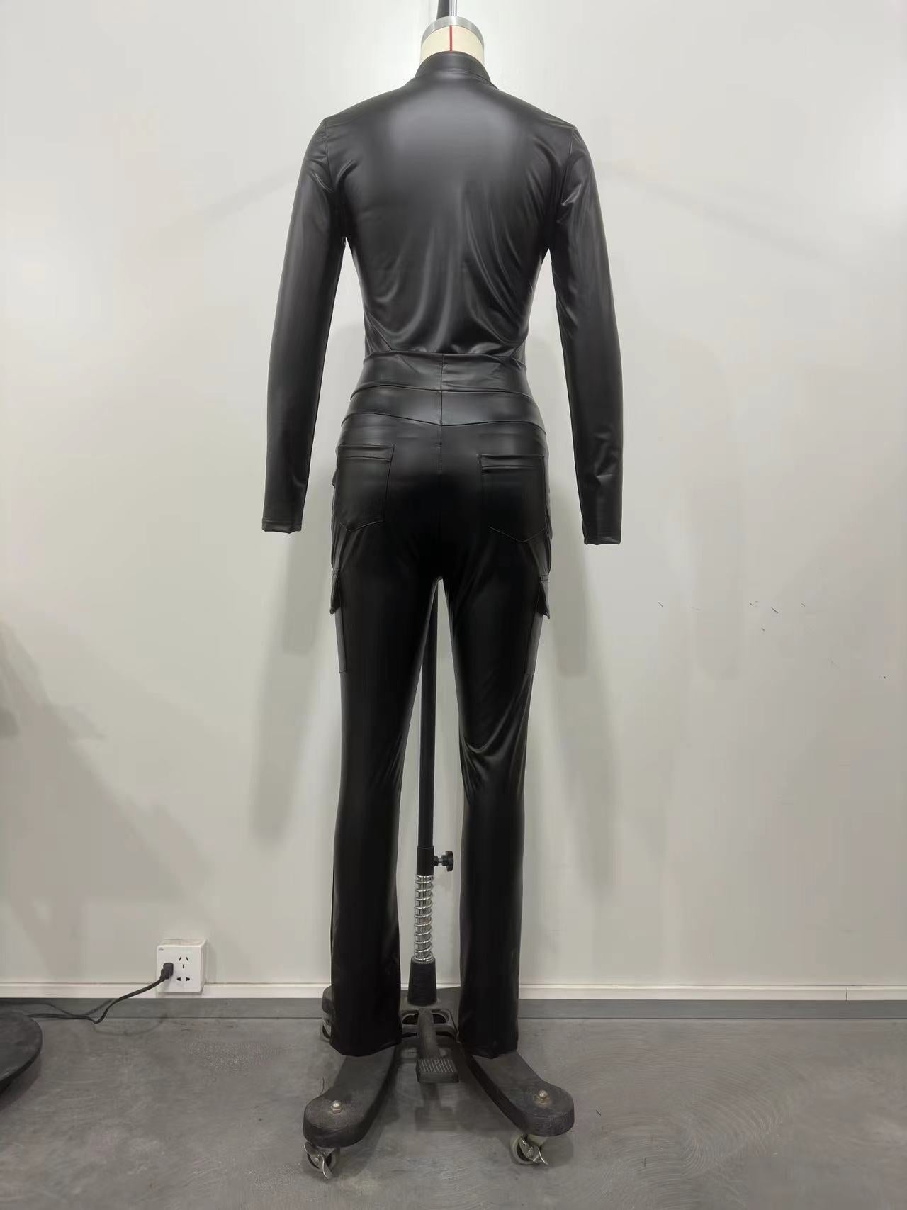 Women Solid Stretch PU-Leather Zipper Top and Pant Two-piece Set 11