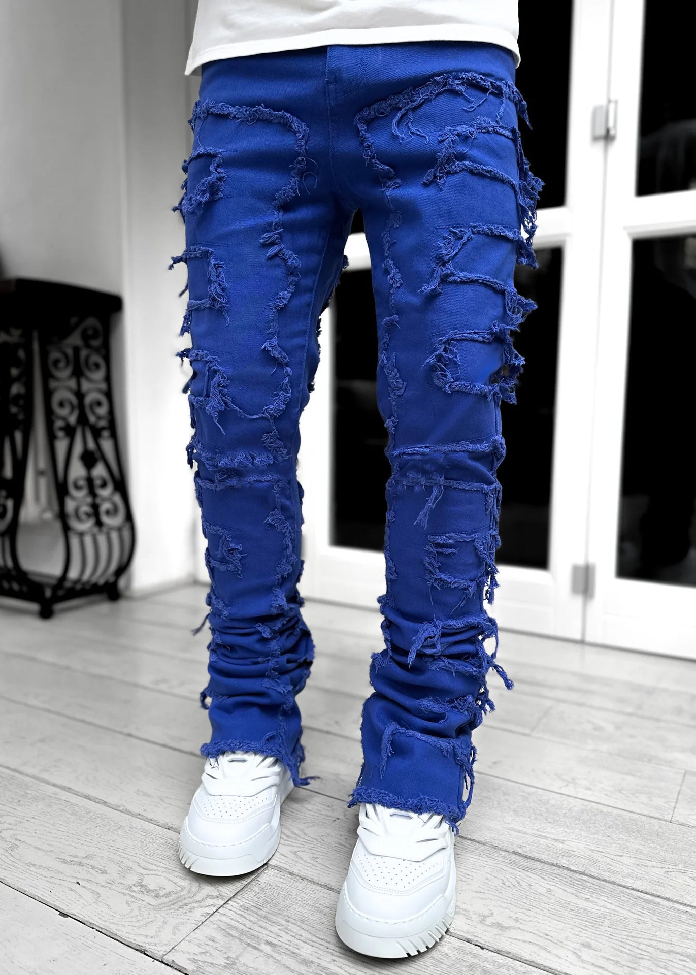 Men's Denim Straight Leg Pants Street Fashion Stretch Patch Denim Straight Leg Pants 12