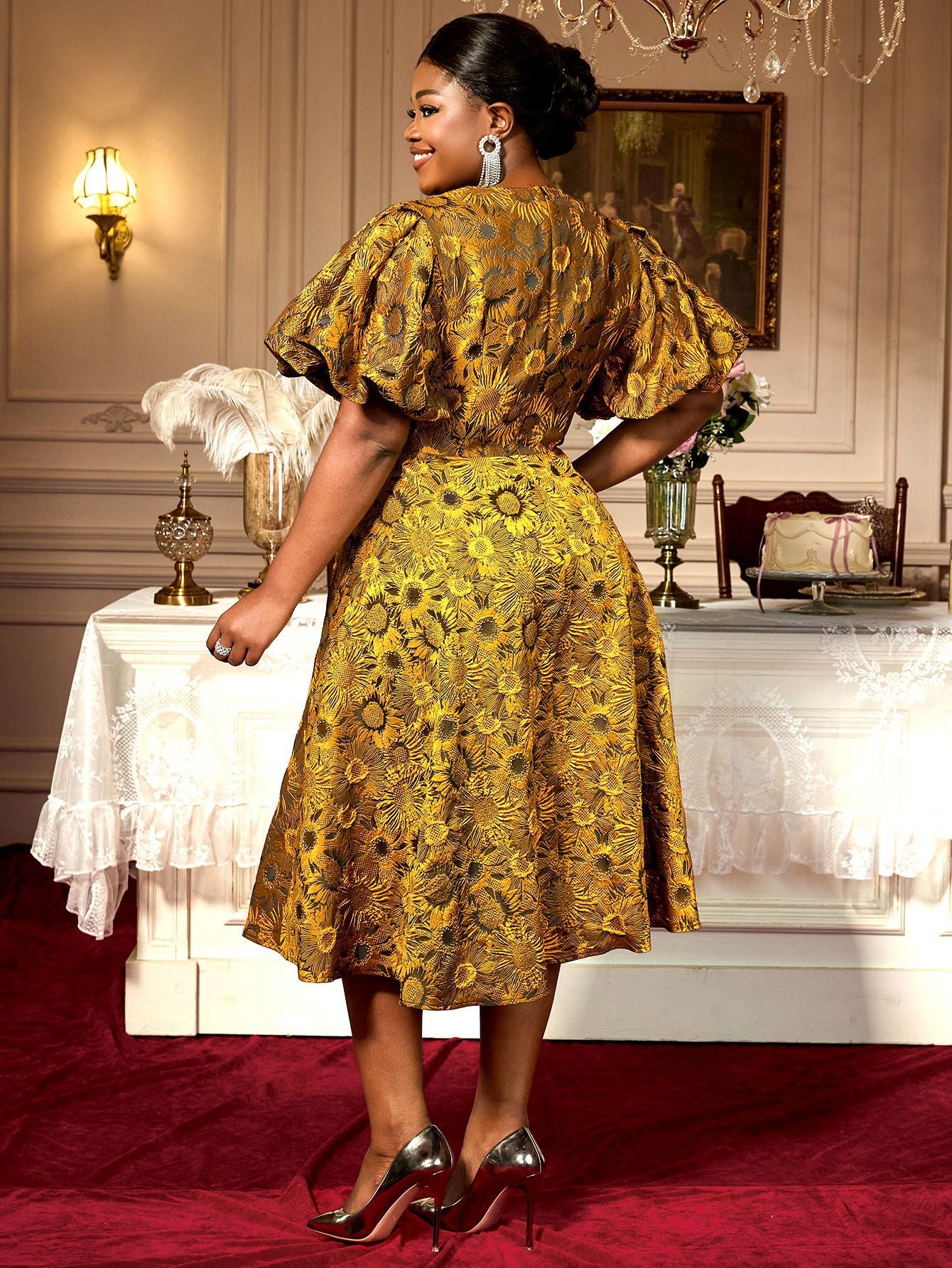 Summer Puff-Sleeve Jacquard Square-Neck A-Line Cocktail Dress 3