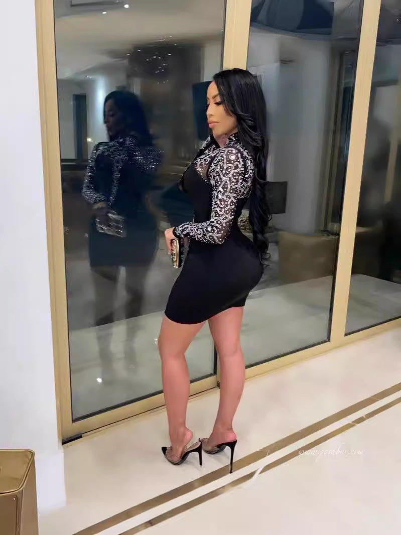 Spring And Summer Fashion Sexy See-Through Beaded Women's Bodycon Dress 3