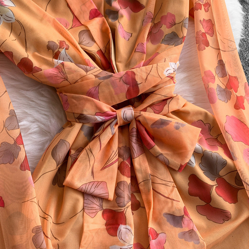 Women French Style Long-Sleeved V-Neck Lace-Up Maxi Print Bodycon Dress 26