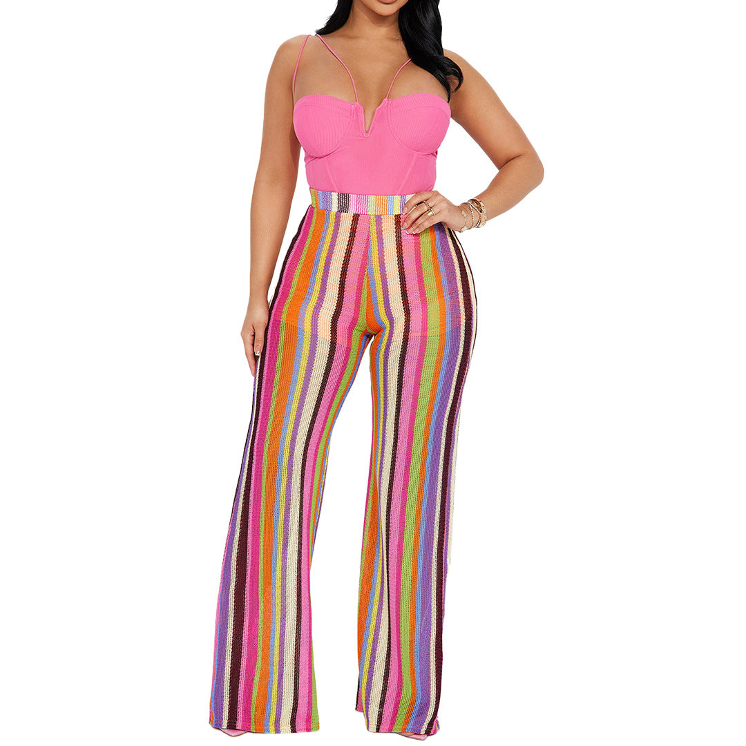 Women's clothing color strip knitting hollow jacquard zipper wide-leg pants 8