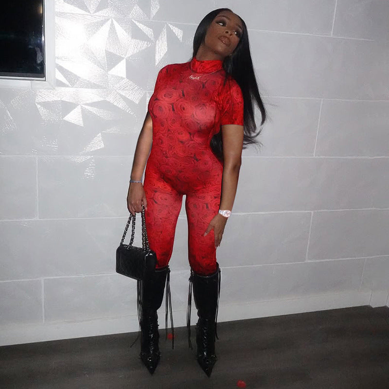 Women summer Women sexy Backless print See-Through Mesh Jumpsuit 5