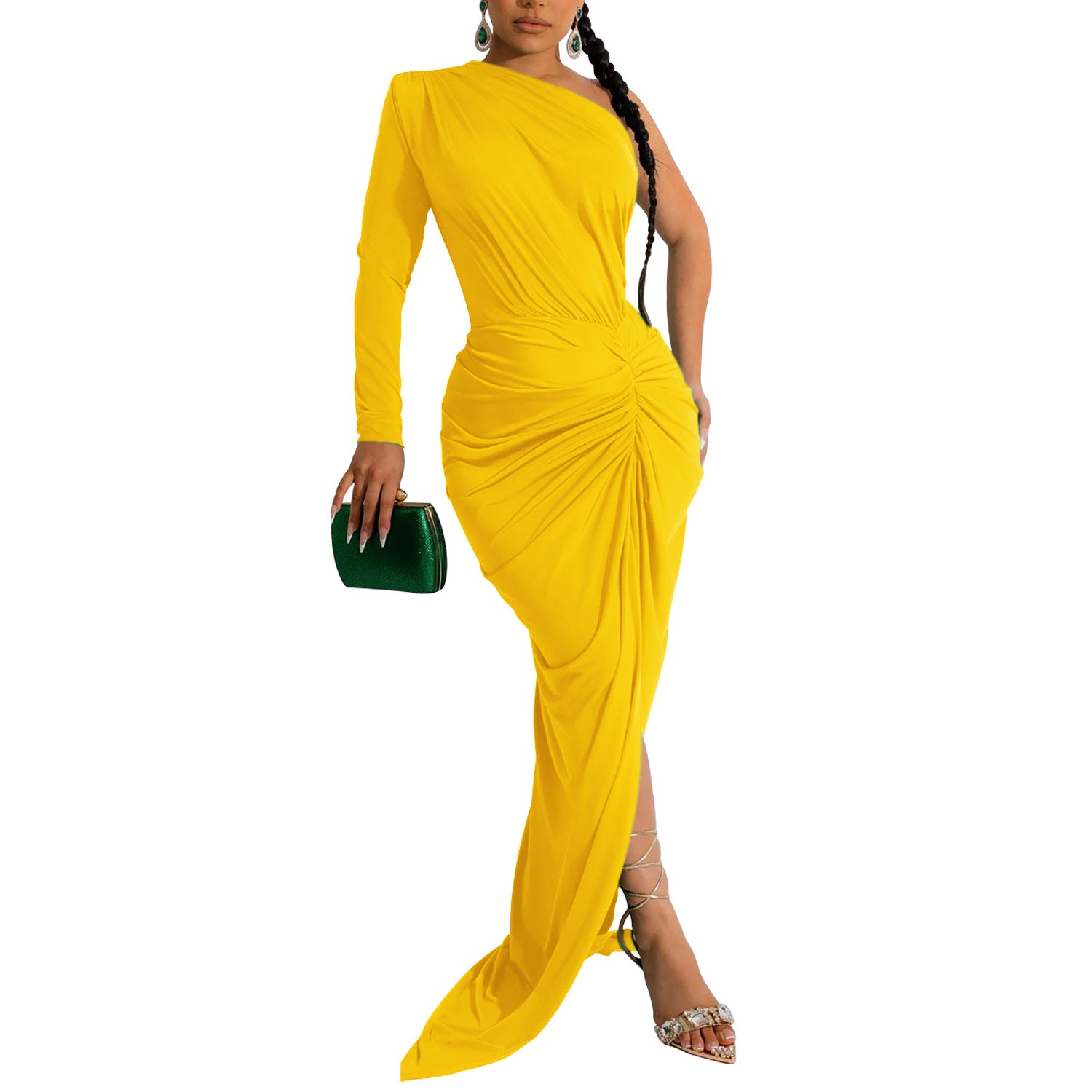 Fashion Women's Solid Color Slash Shoulder Single Long Sleeve Long Pleated Dress 9