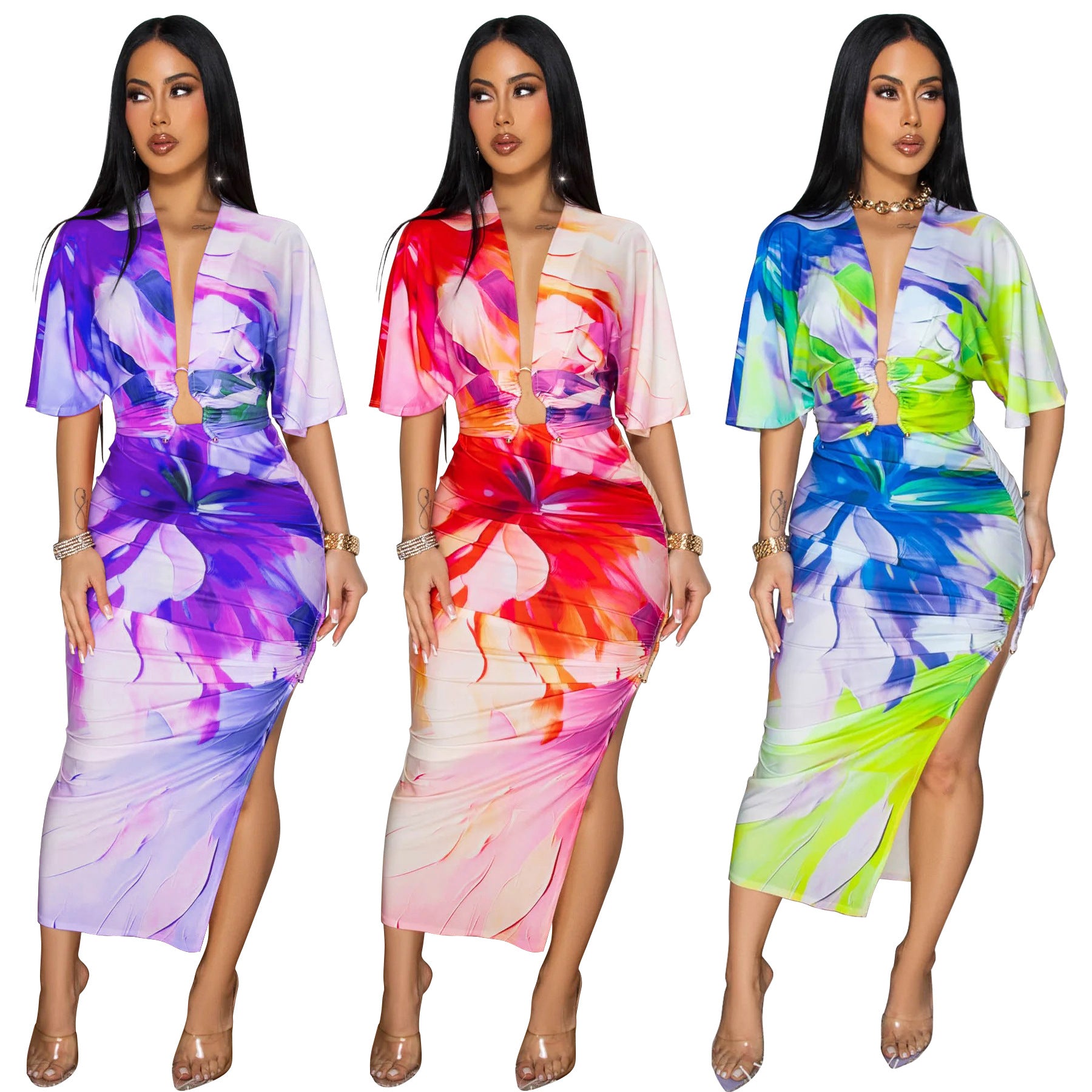 Summer Sexy Printed V Neck Top Side Slit Long Skirt Two Piece Set 5