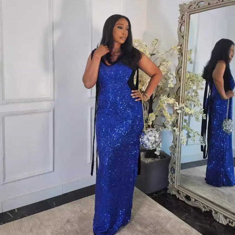 Women Sexy Lace-Up V-neck Sequin Dress 3