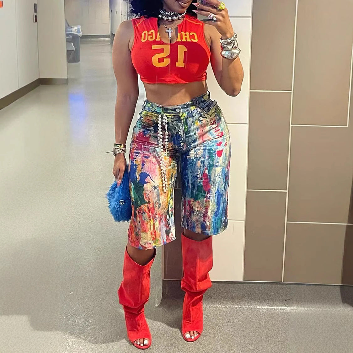 Women Summer Print Casual pocket denim shorts 5