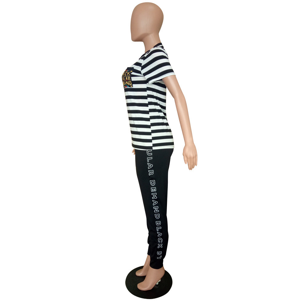 Women's Autumn Fashion Black and White Striped Casual Sports short sleeve two piece pants Set 4
