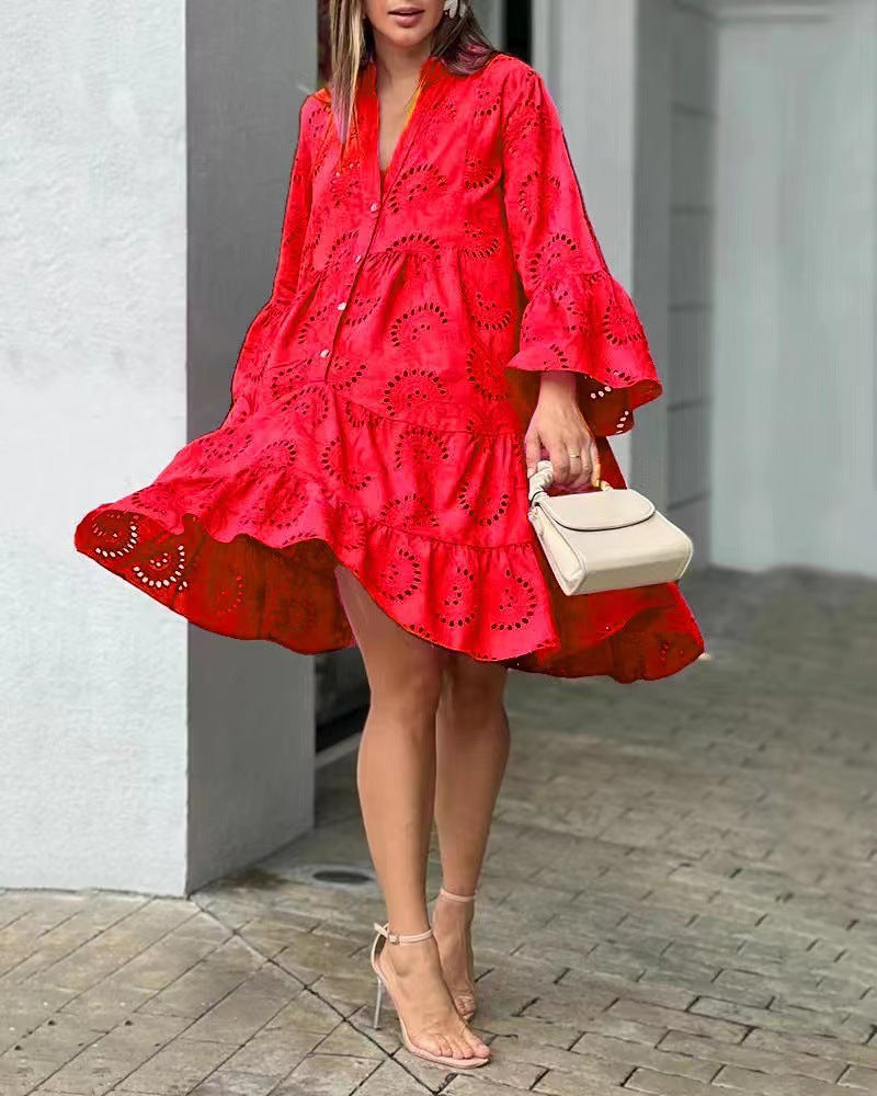 Spring And Summer Solid Color V-Neck Loose Embroidered Hollow Lace Dress 6