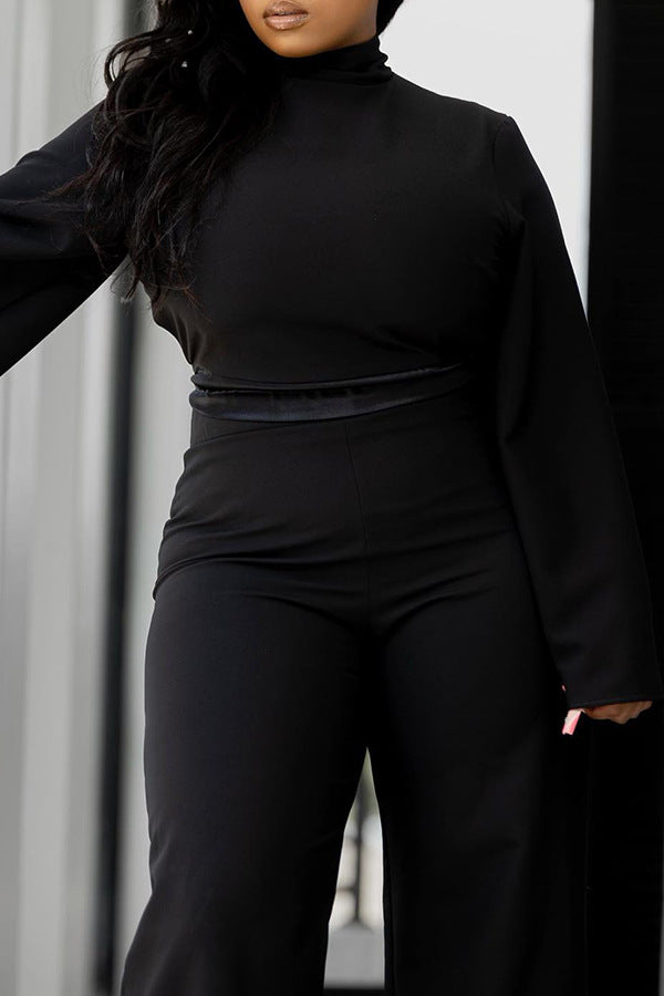 Women Solid Patchwork Long Sleeve Top and Pant Two-piece Set 4