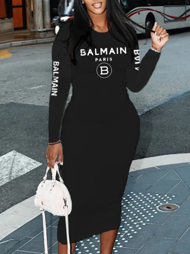 Fashion Letter Printed Long-Sleeved Slim Bodycon Dress 3