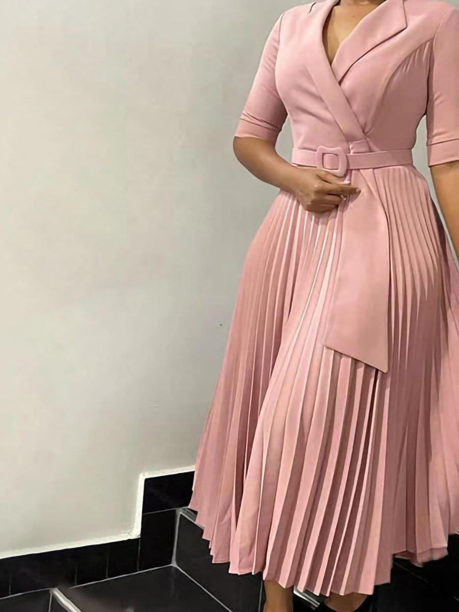 Women Turndown Collar Pleated Solid Dress 8