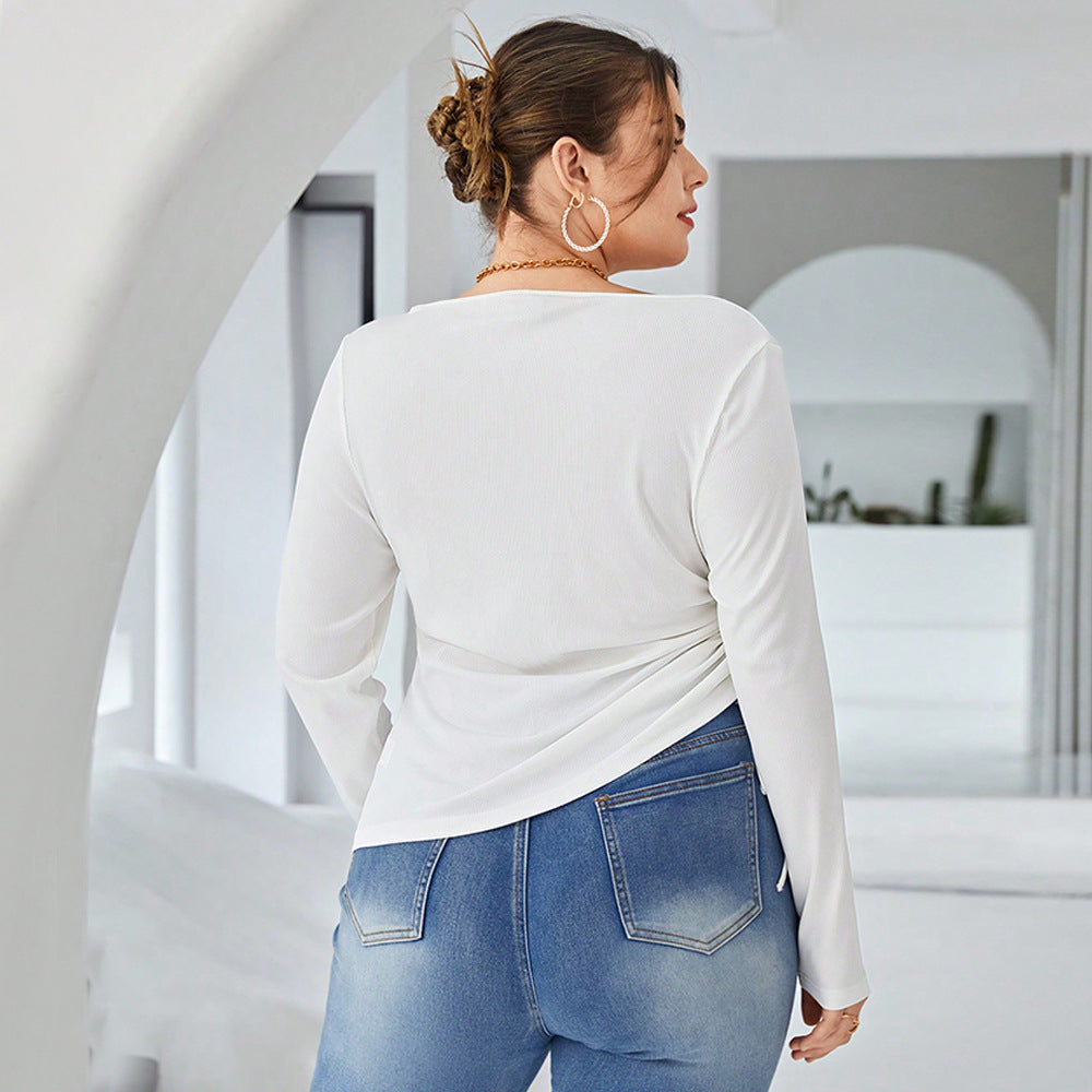 Plus Size Women High Long Sleeve Slash Shoulder Off-the-Shoulder Irregular Pleated T-Shirt