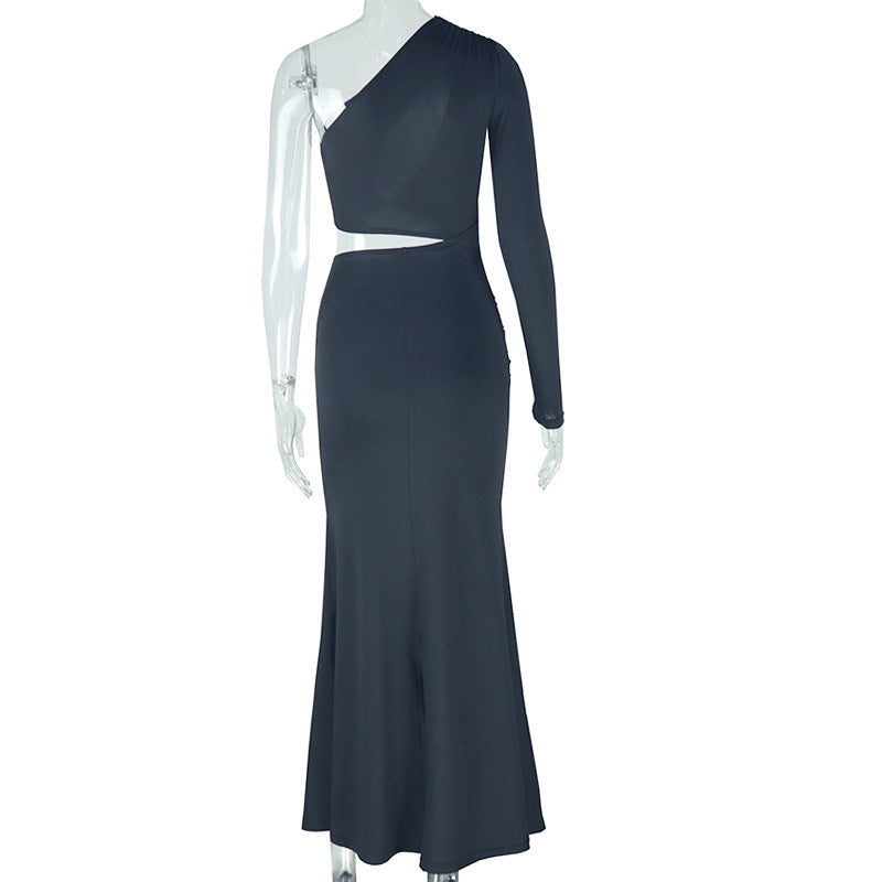 Women Solid Hollow Asymmetric One Shoulder Slash Shoulder Dress 5