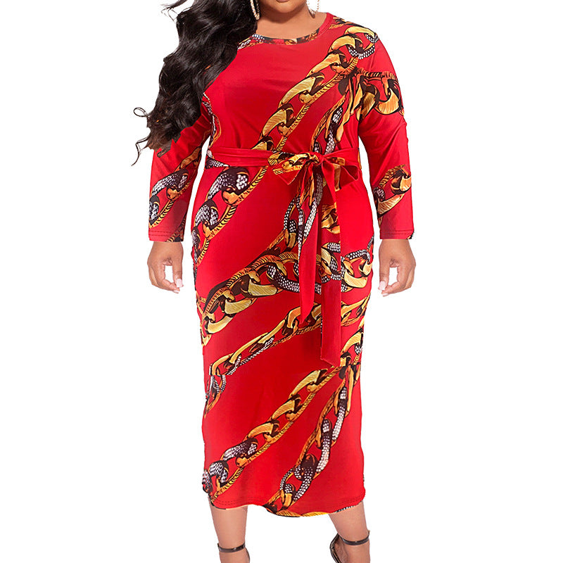 Plus Size Women's Printed Long Sleeve Round Neck Belt Dress 7