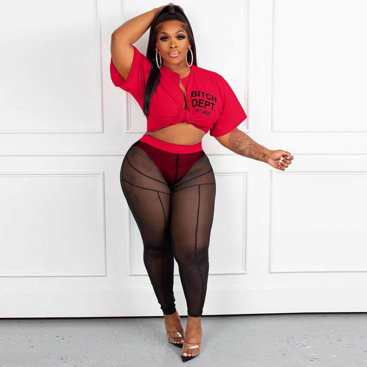 Women Sexy Letter Print Crop Top and Mesh Trousers Lace-Up Two-Piece Set