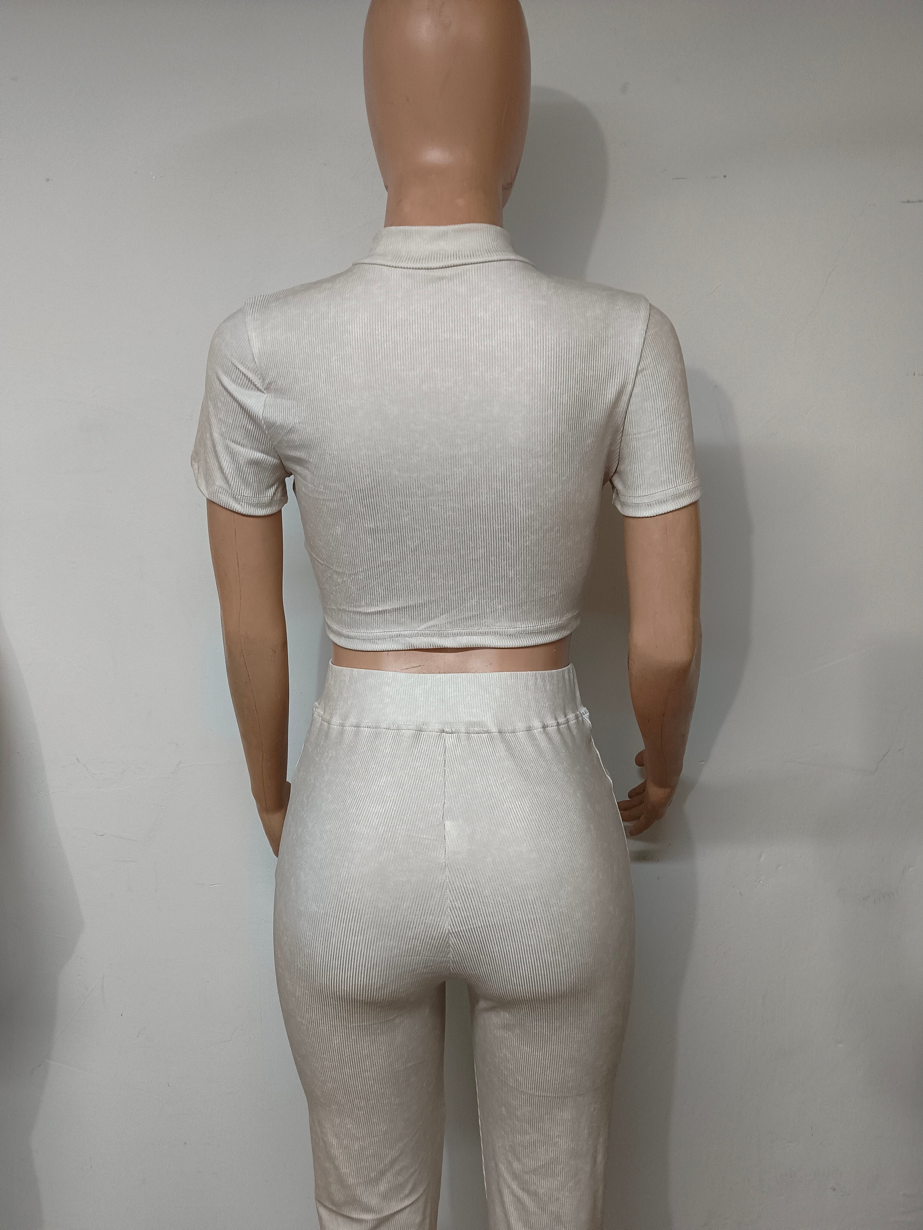 Women Printed Short Sleeve Zipper Top And Bell Bottom Pant Two-piece Set 16