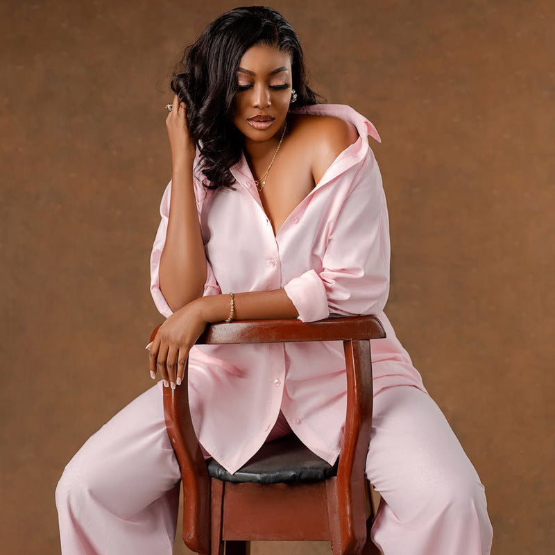 Women African long-sleeved shirt wide-leg pants Casual two-piece set