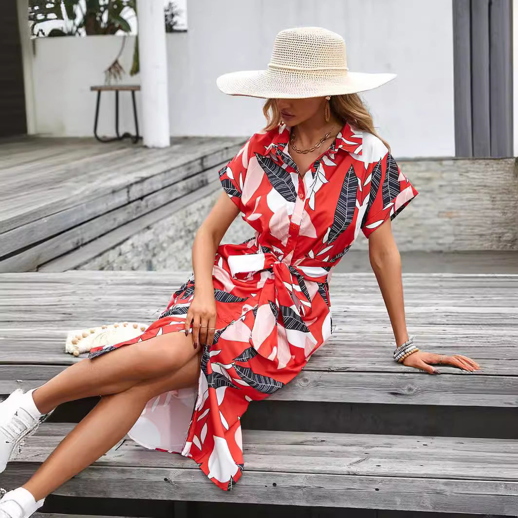 Women's Summer Printed Slim Single-Breasted Casual Shirt Dress 6