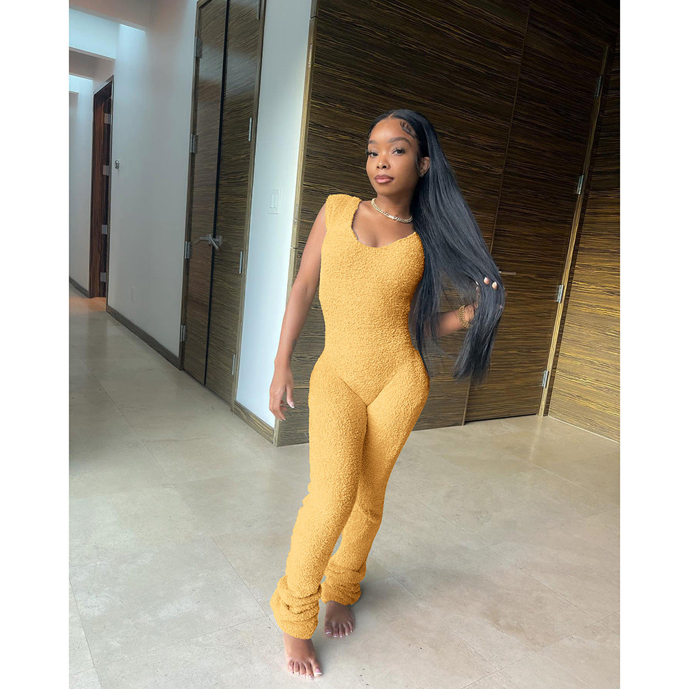 Women's Spring Summer Fashion Rice Grain Fleece Comfortable Sleeveless Pants Jumpsuit 4