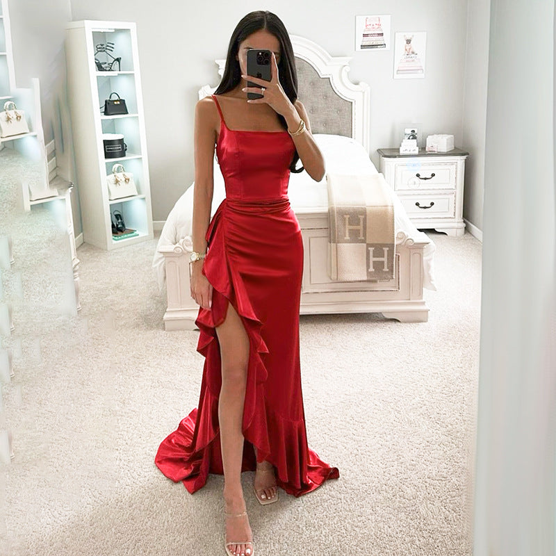 Summer Style Sexy Chic Strap Ruffle Slit Evening Dress 4