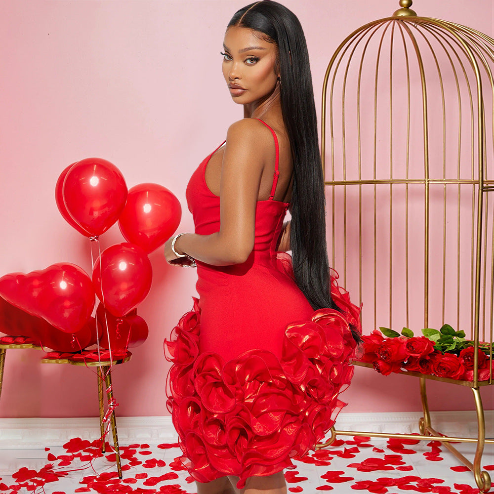 Women Sexy Strapless Solid Lotus Lace Irregular Dress 5