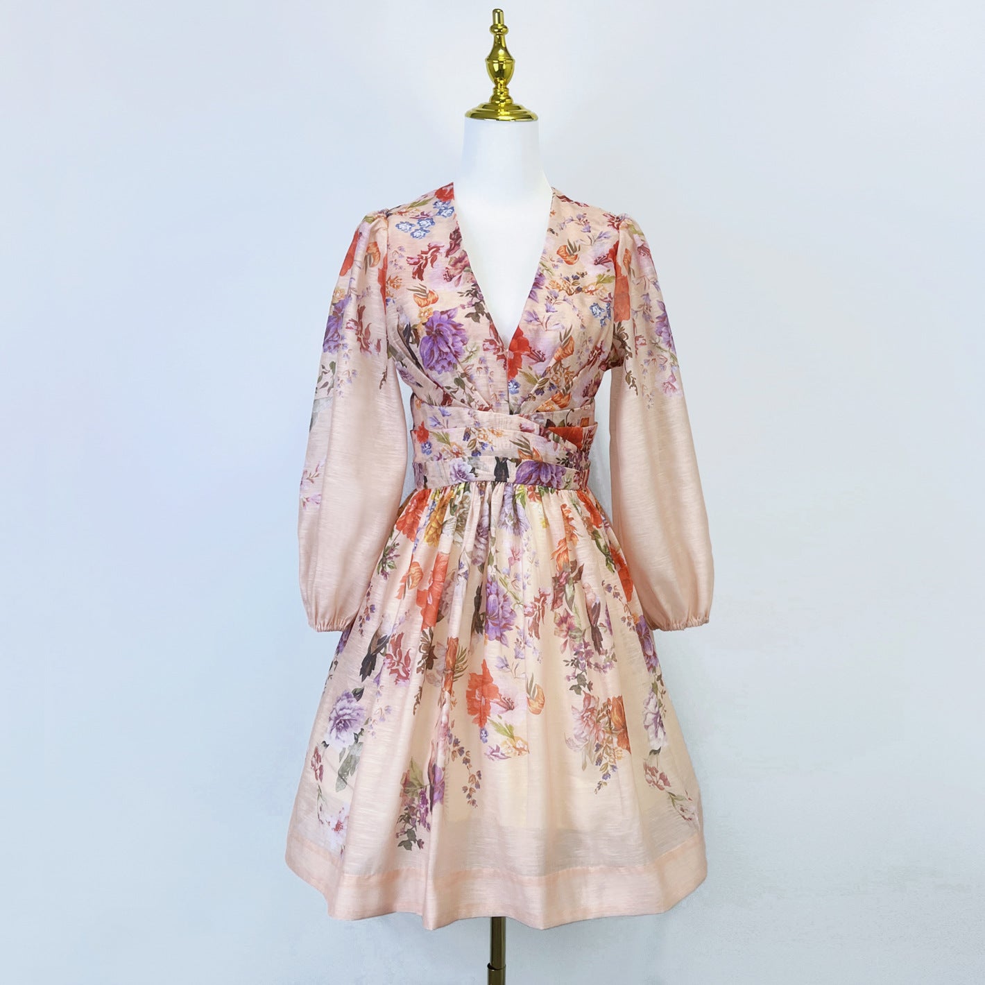 V neck Floral Print High Waist Pleated Holidays Short Dress for Women 8