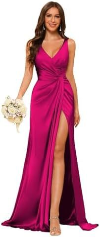 Women's Strap V-Neck Bridesmaid Dress Sleeveless Satin High Slit Prom Dress（Processing time need 3-6 days） 5