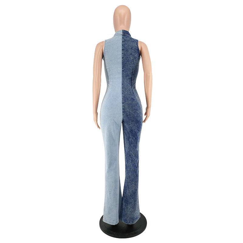 Plus Size Women's Fall Color Block Wash Sexy Denim Jumpsuit 9