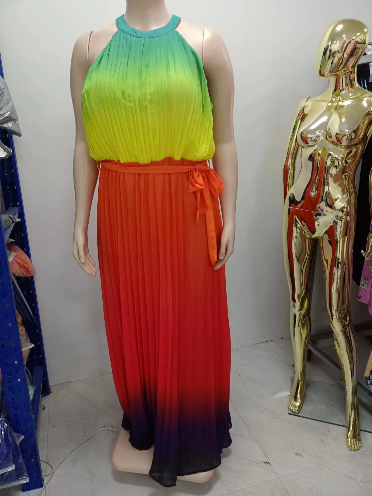 Women's Round Neck Sleeveless Maxi Pleated Tie Dye Pressed Pleated Slim Waist Rainbow Dress 15