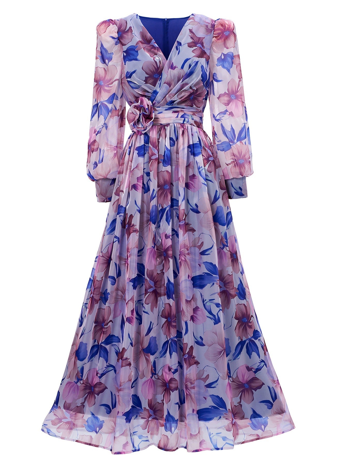 Women long-sleeved V-neck pleated Formal Party mesh dress 3